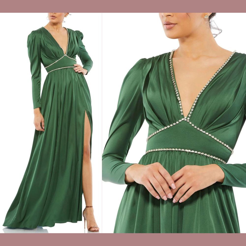 NWT Mac Duggal [‎ 20 ]  Satin Puff Shoulder Rhinestone Encrusted Gown Green S991